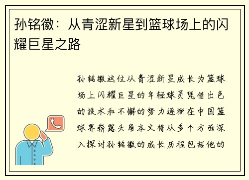 孙铭徽：从青涩新星到篮球场上的闪耀巨星之路